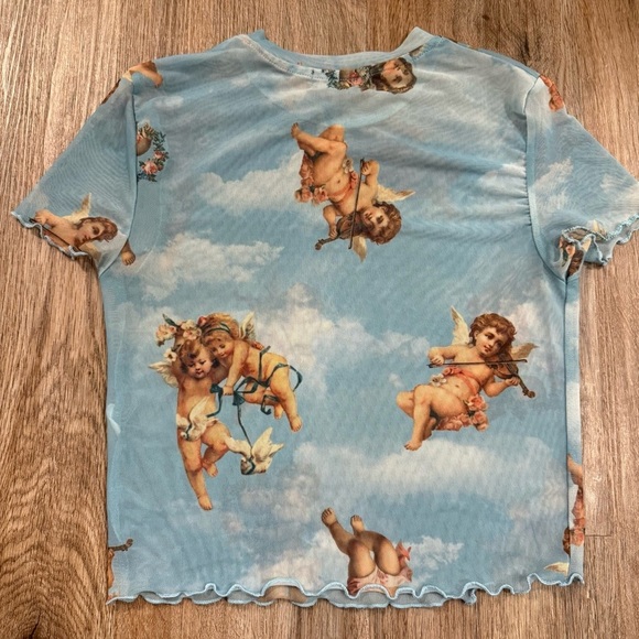 Mesh Tee Shirt Women’s Med Baby Blue Musical Angels Cupid Celestial Renaissance - Picture 2 of 6